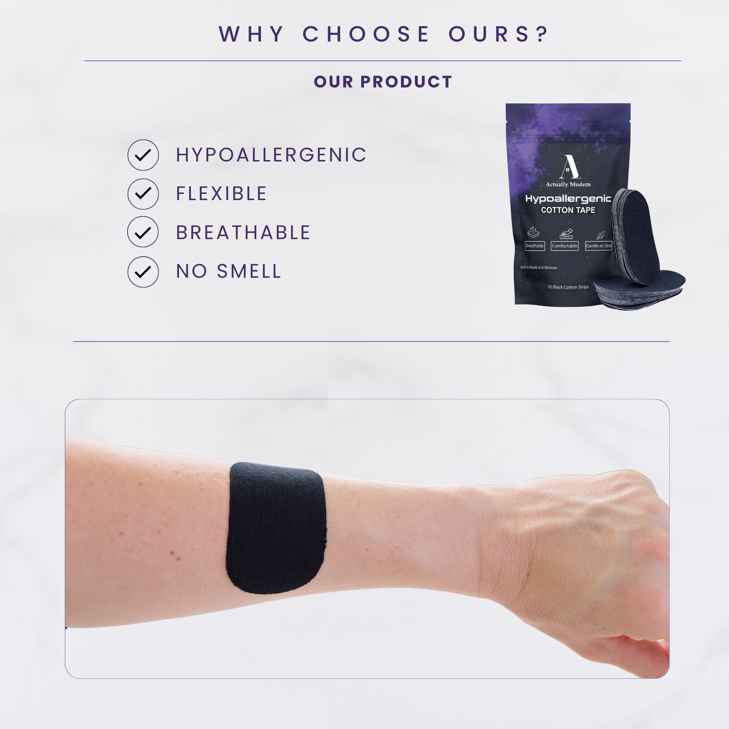 Image shows the text, "why choose our product?" It shows that it's hypoallergenic, flexible, breathable, and has no smell. There is an image of the black color mouth tape and bag along with an image of the black mouth tape being shown on an arm.