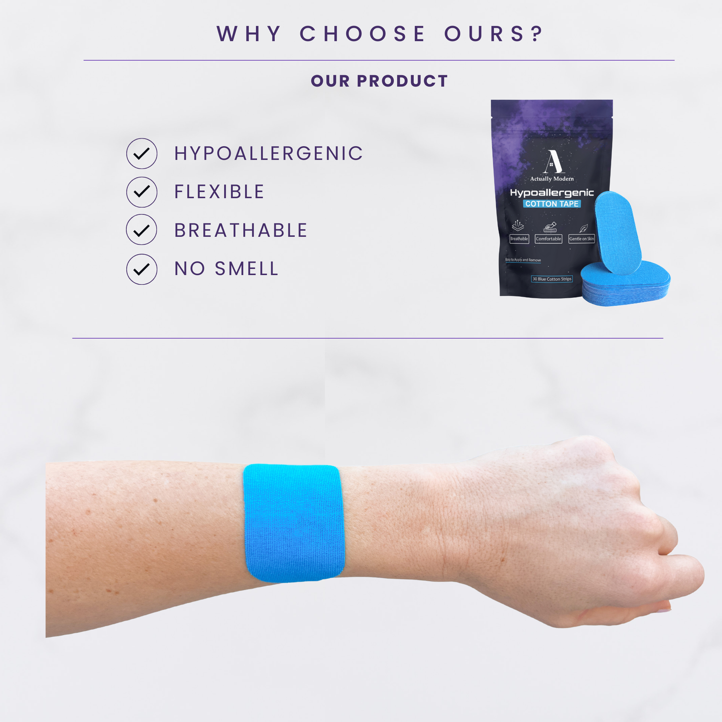 Image shows the text, "why choose our product?" It shows that it's hypoallergenic, flexible, breathable, and has no smell. There is an image of the blue color mouth tape and bag along with an image of the blue mouth tape being shown on an arm.