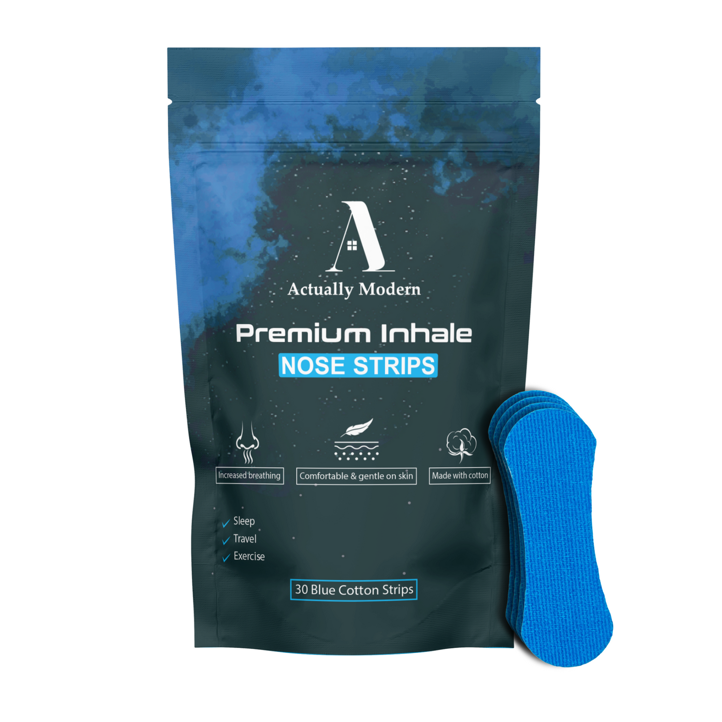 Packaging and strips of hypoallergenic cotton tape by Actually Modern. This shows the blue color of nose tape.