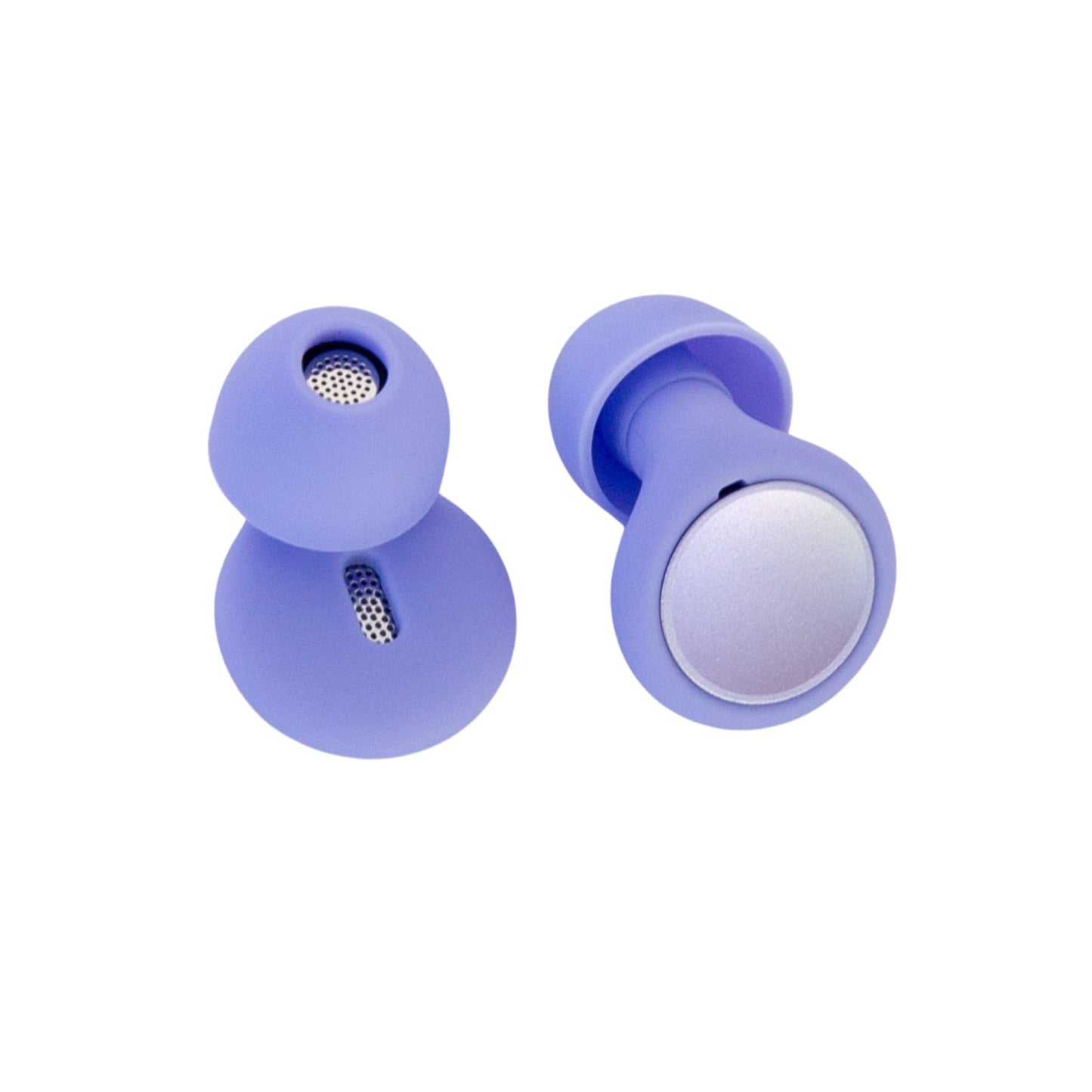 Purple wireless earbuds on a white background.