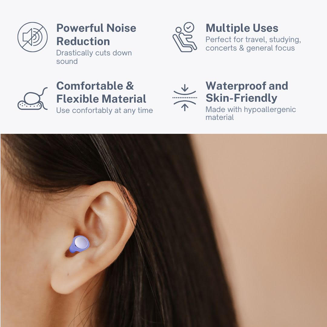 Purple earbud in ear with features listed above on a white background. Text includes, "Powerful Noise Reduction - Drastically cuts down sound;" "Multiple Uses - Perfect for travel, studying, concerts & general focus;" "Comfortable & Flexible Material - Use comfortably at any time;" and "Waterproof and Skin-Friendly - Made with hypoallergenic material."