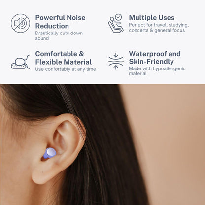 Purple earbud in ear with features listed above on a white background. Text includes, "Powerful Noise Reduction - Drastically cuts down sound;" "Multiple Uses - Perfect for travel, studying, concerts & general focus;" "Comfortable & Flexible Material - Use comfortably at any time;" and "Waterproof and Skin-Friendly - Made with hypoallergenic material."