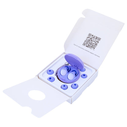 Purple earbud case with a QR code on a white box. Purple earplugs include purple travel case and multiple sizes of cushions.