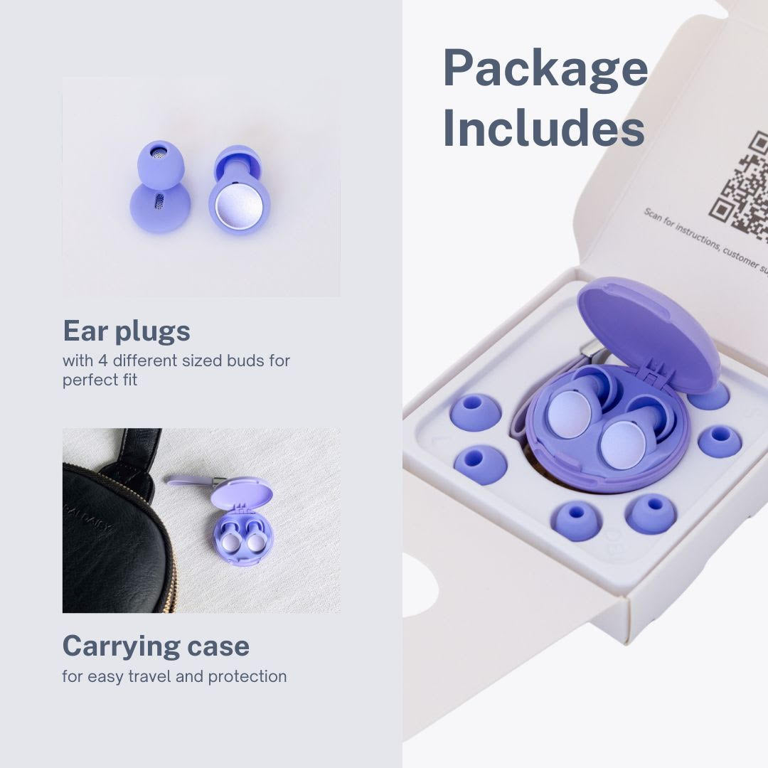 Purple earbuds with different sized buds and carrying case on a white background. Text says, " Package Includes." A second image of the purple earbuds with text, "Ear plugs with 4 different sized buds for perfect fit." Third image of purple earbuds with a carrying case with text, "Carrying case for easy travel and protection."