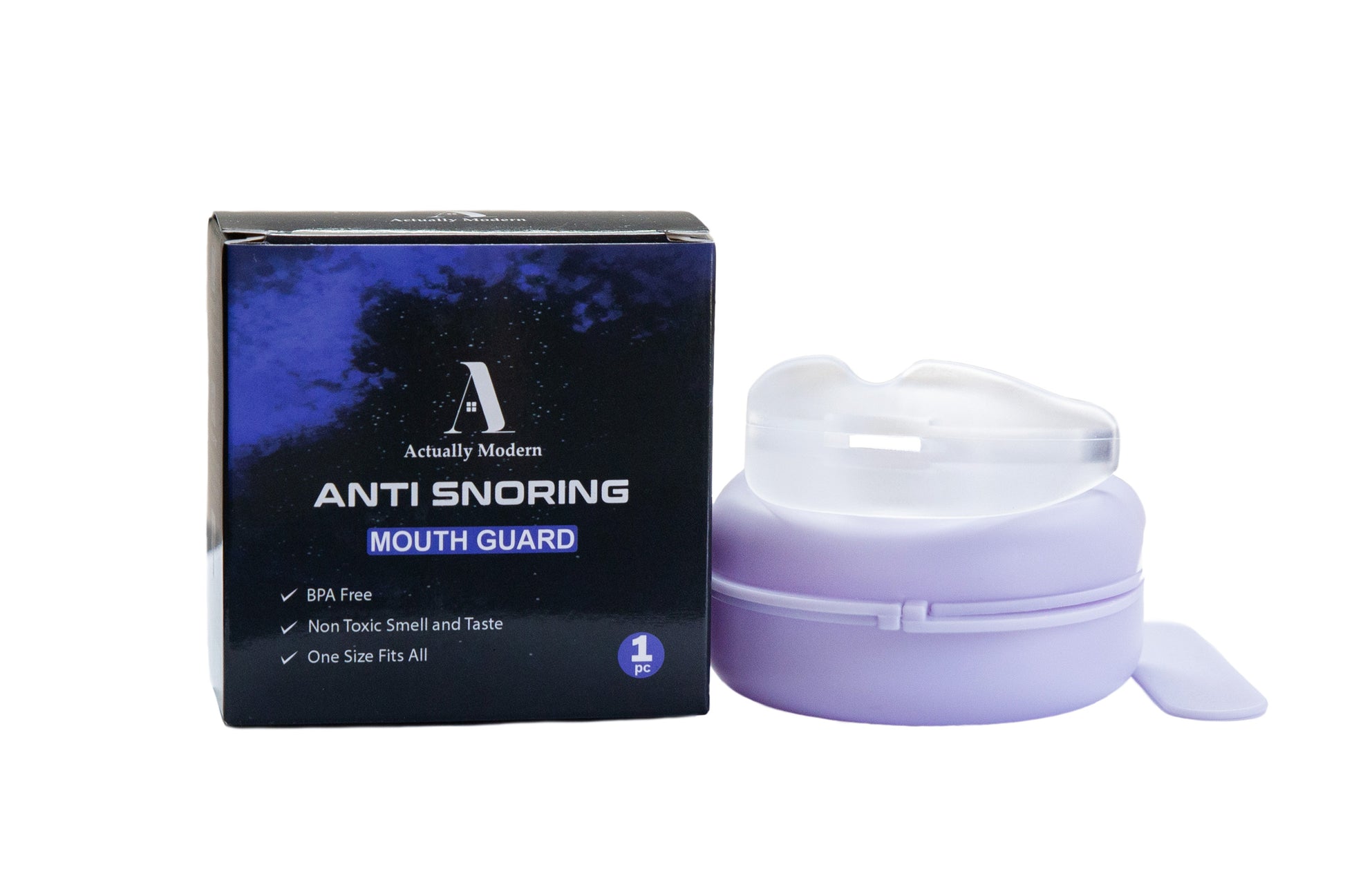 Actually Modern packaged anti-snoring mouth guard with its components displayed in front, including the mouthguard itself, a storage case, and a stick against a white background.