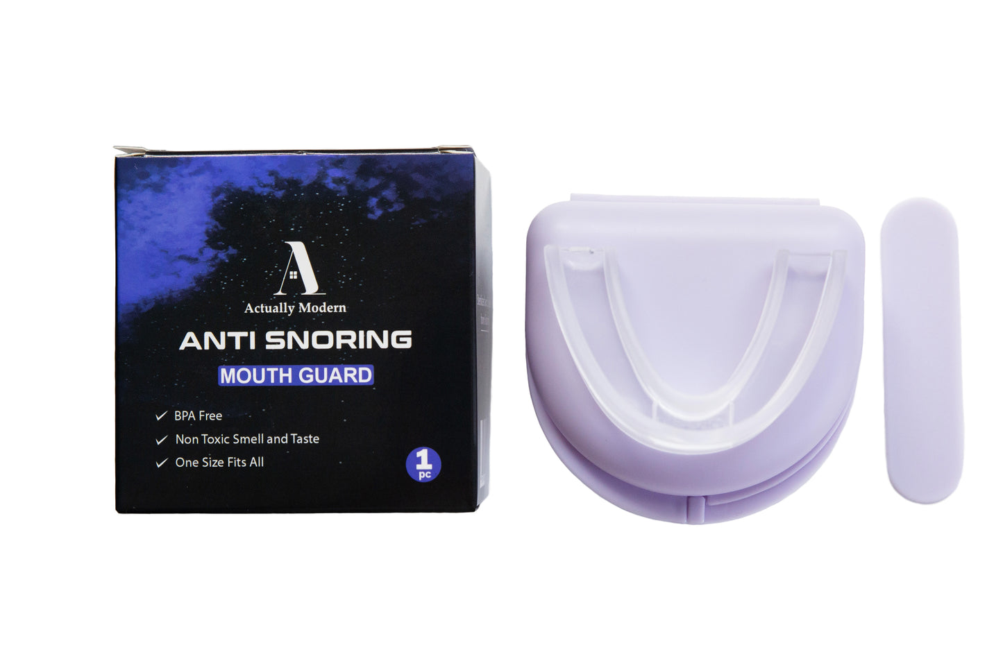 Actually Modern packaged anti-snoring mouth guard with its components displayed from the top, including the mouthguard itself, a storage case, and a stick against a white background.