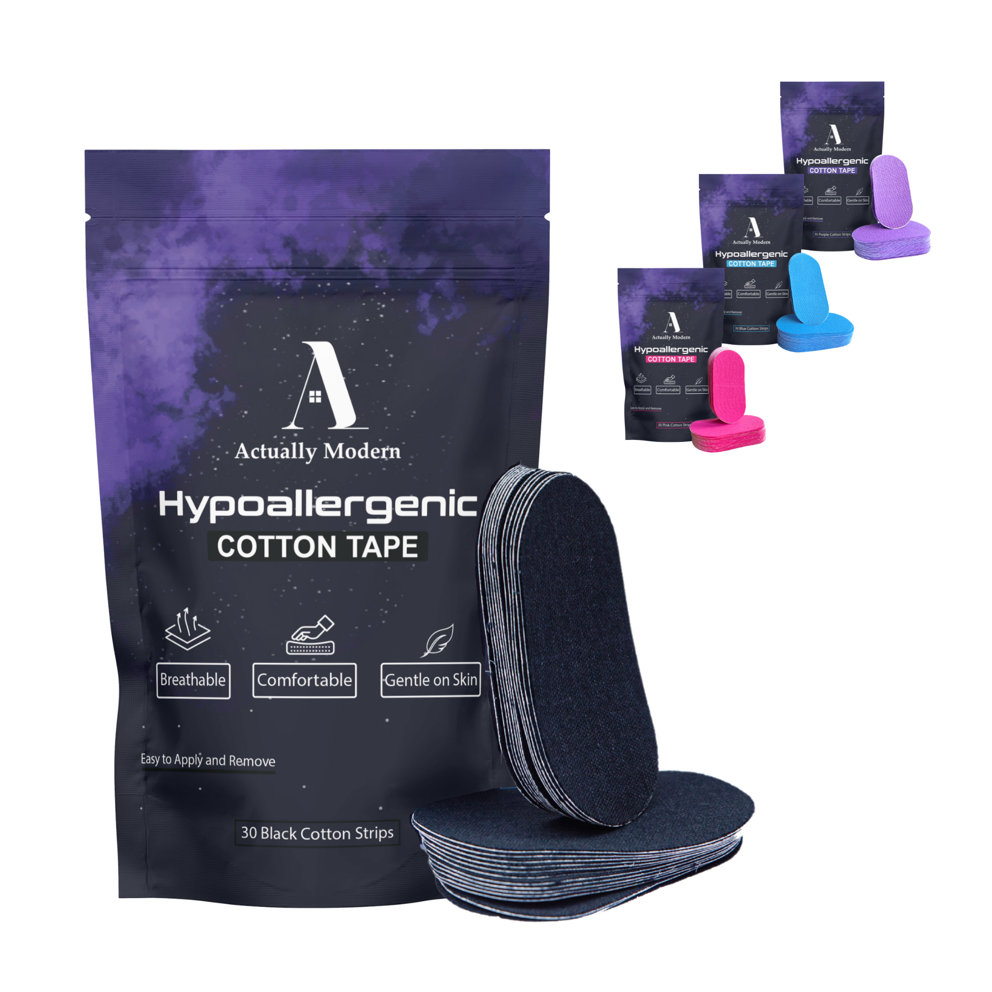 Packaging of hypoallergenic cotton tape by Actually Modern in colors black, pink, blue, and purple.