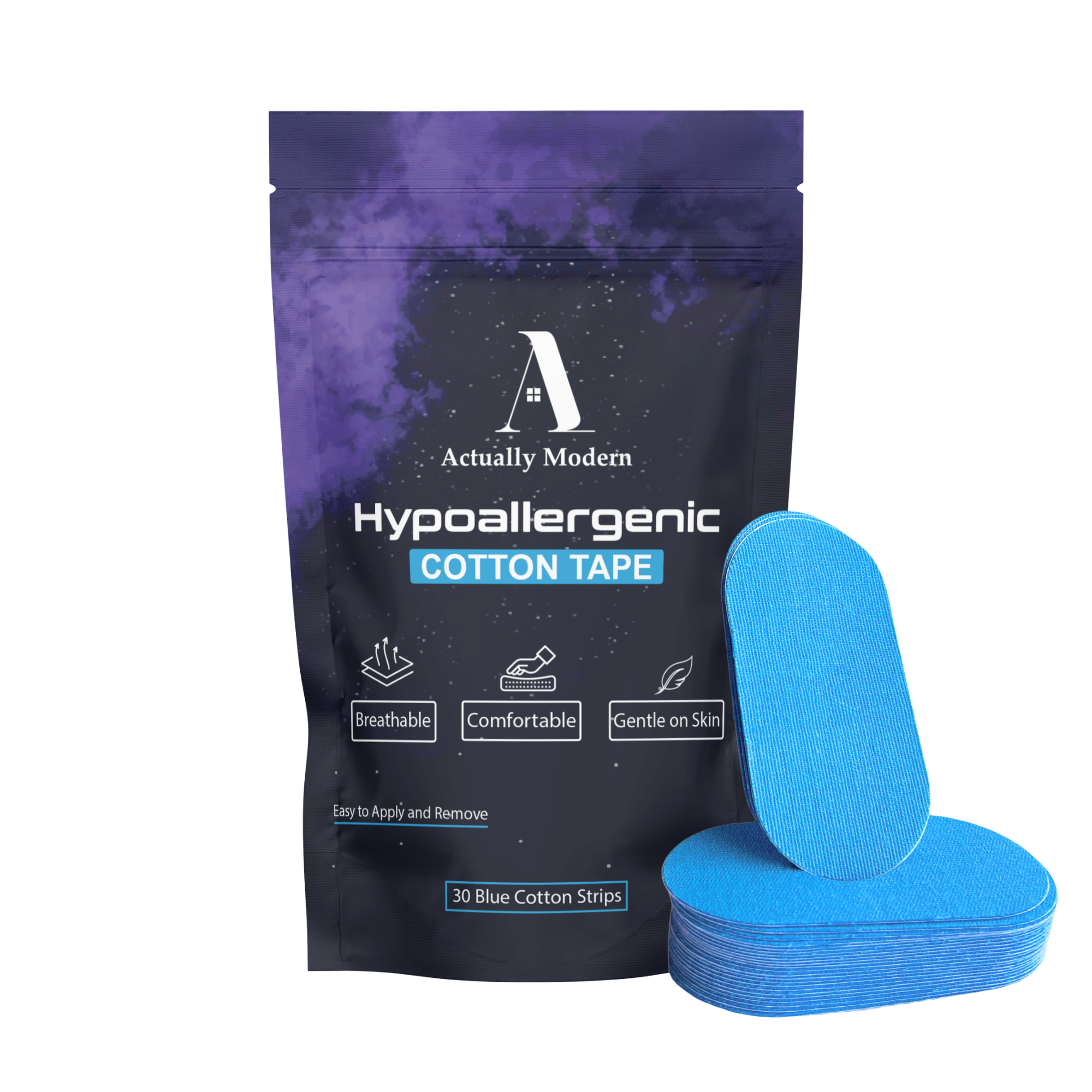 Packaging of hypoallergenic cotton tape by Actually Modern in blue.