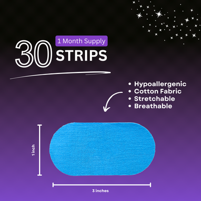 Image shows 1 month supply of 30 strips in the color blue. They are 1 inch by 3 inches wide. They are hypoallergenic, cotton fabric, stretchable, and breathable.