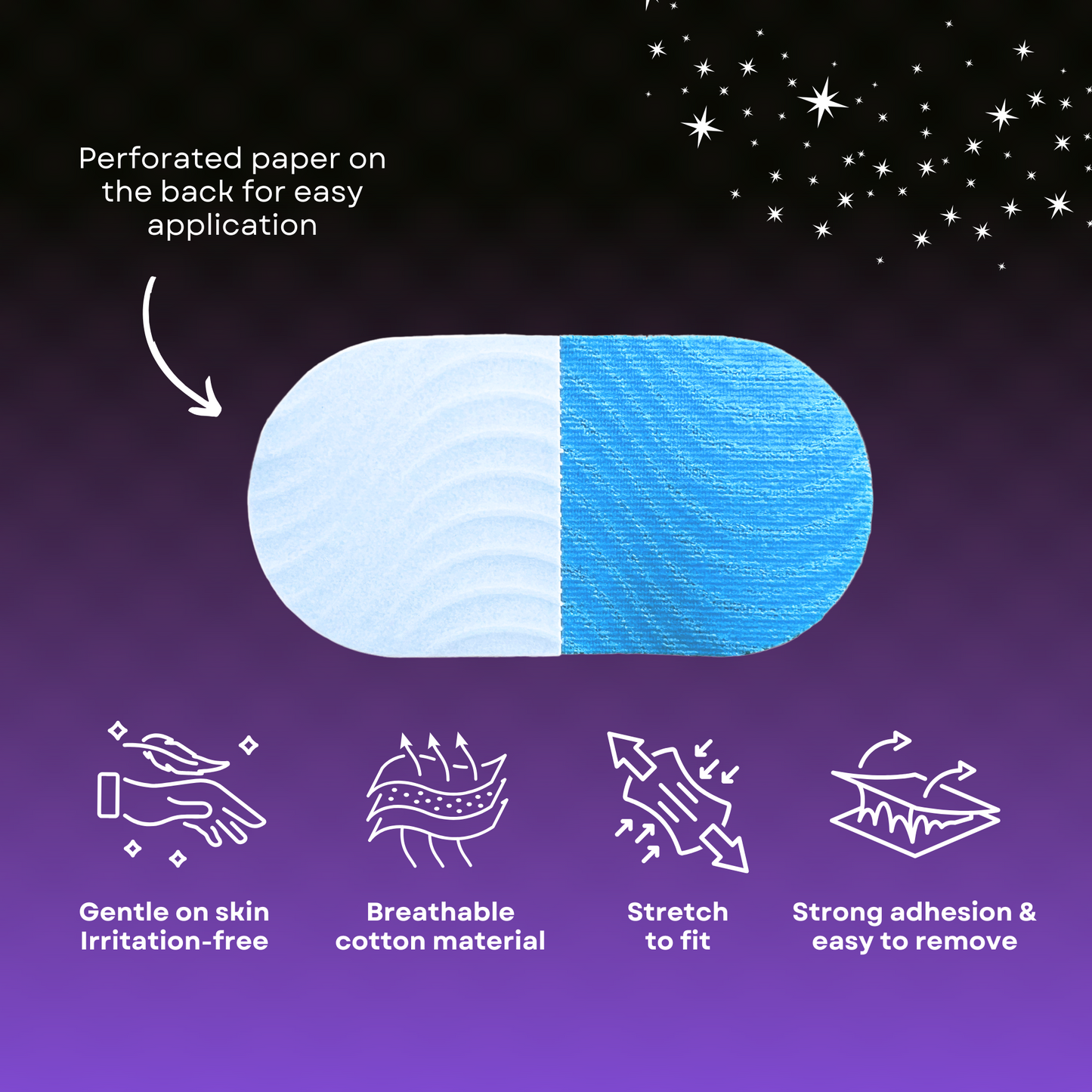 Image shows back on blue strip with the text, "perforated paper on the back for easy application." There are four icons on the bottom showing the following: gentle on skin and irritation-free; breathable cotton material; stretch to fit; and strong adhesion and easy to remove.