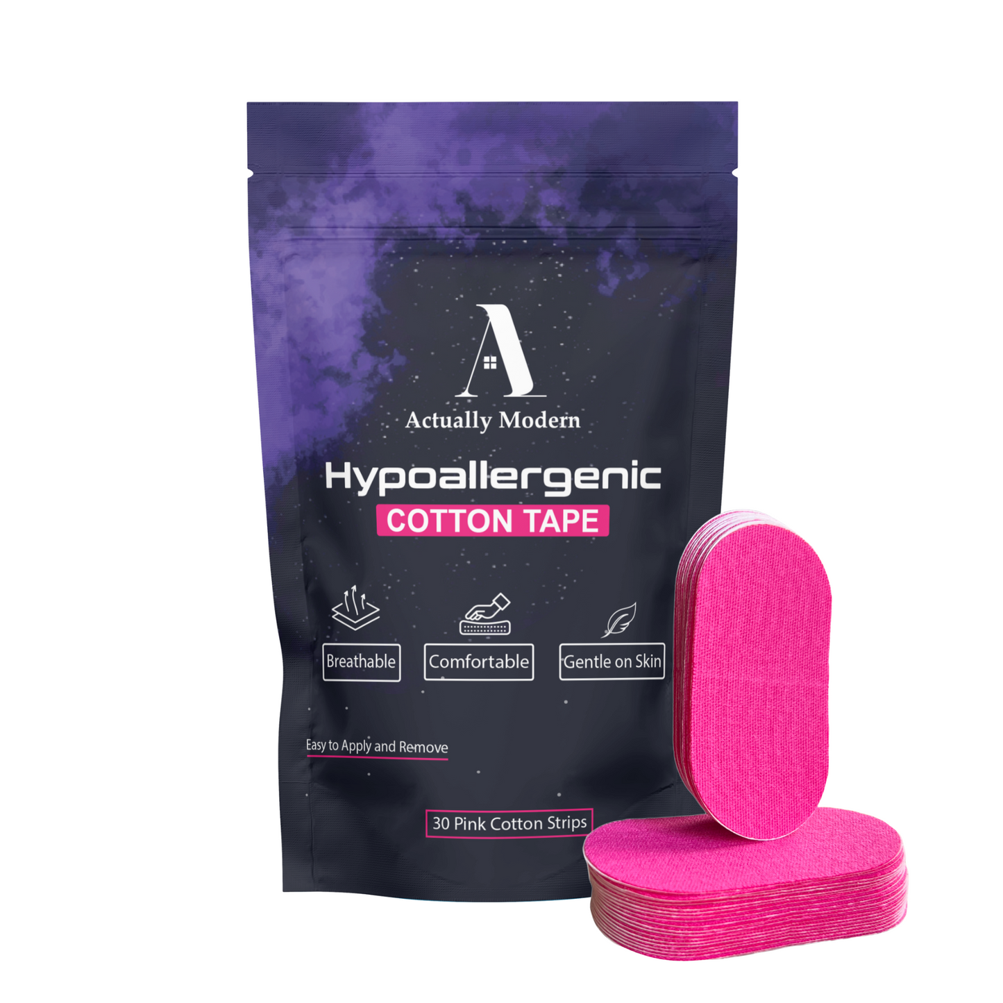 Packaging of hypoallergenic cotton tape by Actually Modern in pink.