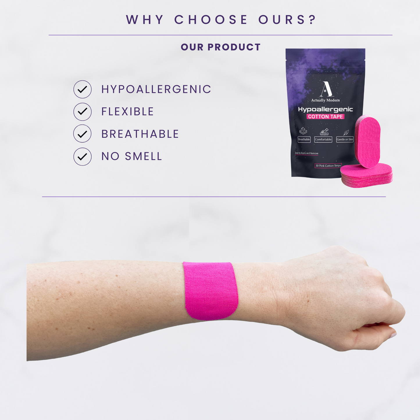 Image shows the text, "why choose our product?" It shows that it's hypoallergenic, flexible, breathable, and has no smell. There is an image of the pink color mouth tape and bag along with an image of the pink mouth tape being shown on an arm.