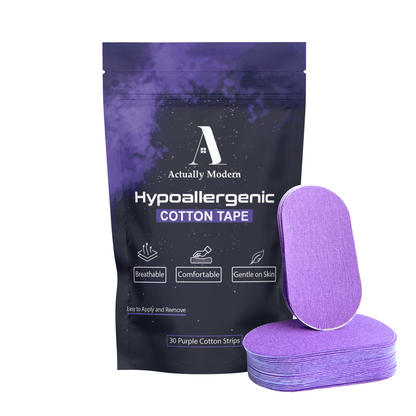 Packaging of hypoallergenic cotton tape by Actually Modern in purple.