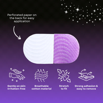 Image shows back on purple strip with the text, "perforated paper on the back for easy application." There are four icons on the bottom showing the following: gentle on skin and irritation-free; breathable cotton material; stretch to fit; and strong adhesion and easy to remove.