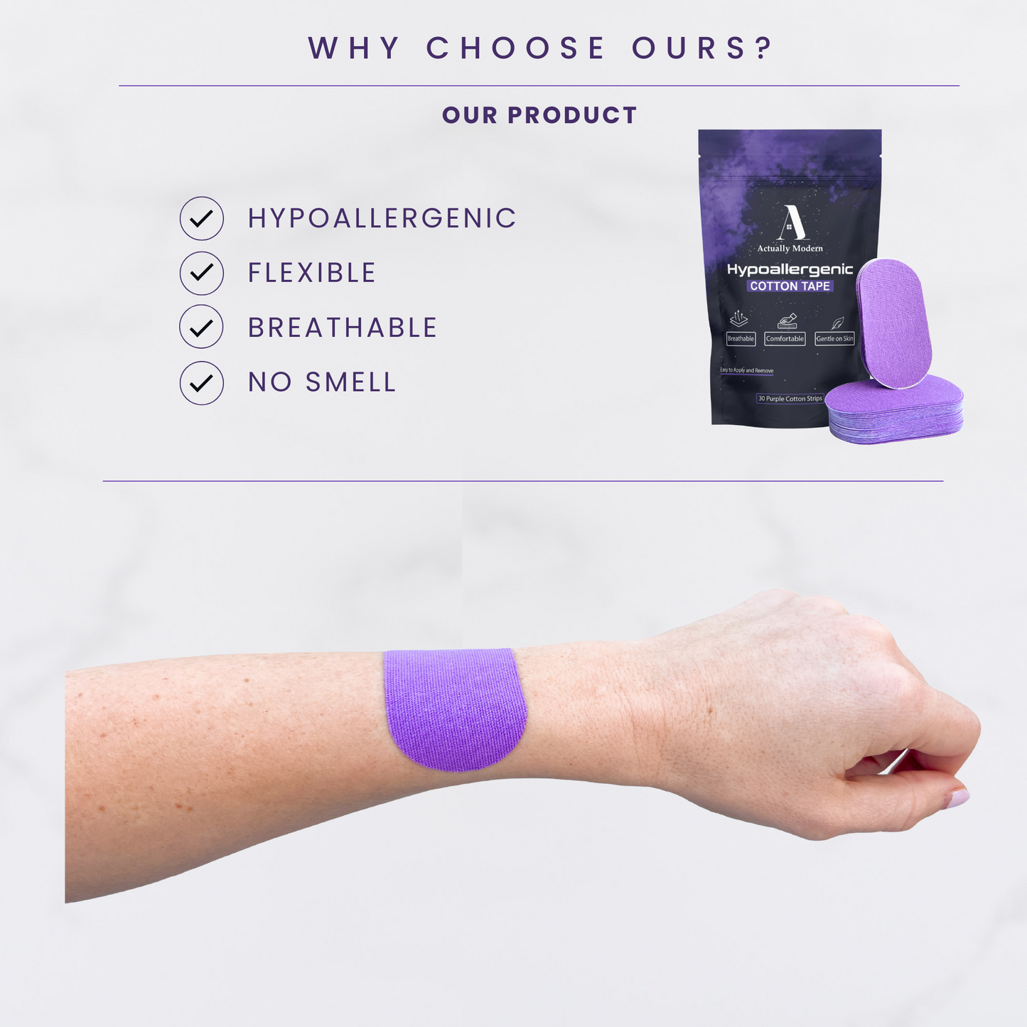 Image shows the text, "why choose our product?" It shows that it's hypoallergenic, flexible, breathable, and has no smell. There is an image of the purple color mouth tape and bag along with an image of the purple mouth tape being shown on an arm.