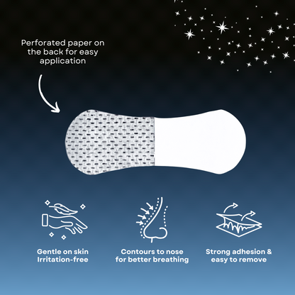Image shows back on black strip with the text, "perforated paper on the back for easy application." There are three icons on the bottom showing the following: gentle on skin and irritation-free; contours to nose for better breathing, and strong adhesion and easy to remove.
