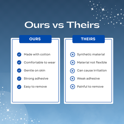 This image shows a comparison between our brand vs other brands. Ours: made with cotton, comfortable to wear, gentle on skin, strong adhesive, and easy to remove. Theirs: synthetic material, material not flexible, can cause irritation, weak adhesive, and is painful to remove.