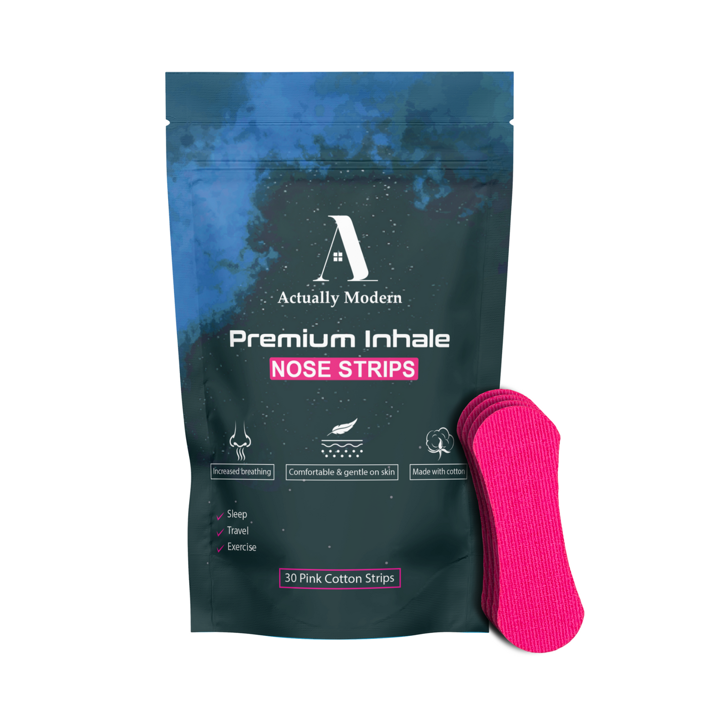 Packaging and strips of hypoallergenic cotton tape by Actually Modern. This shows the pink color of nose tape.
