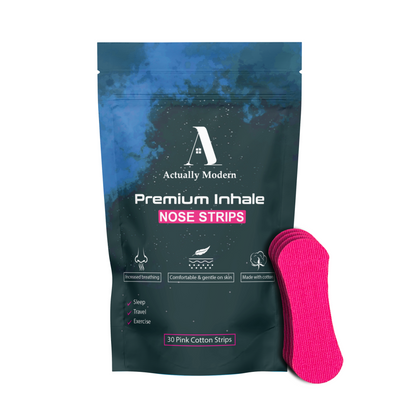 Packaging and strips of hypoallergenic cotton tape by Actually Modern. This shows the pink color of nose tape.
