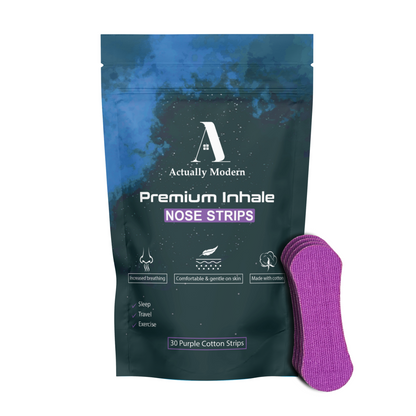 Packaging and strips of hypoallergenic cotton tape by Actually Modern. This shows the purple color of nose tape.